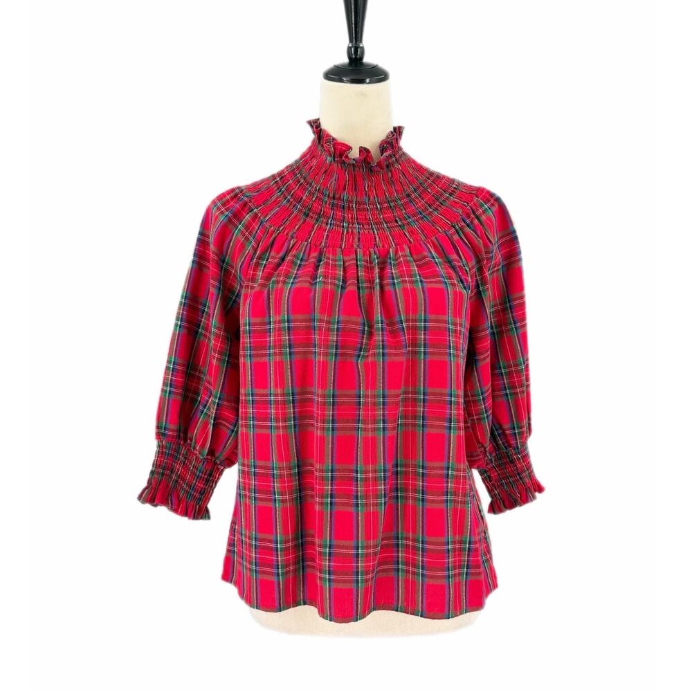Sugarlips NEW Red Plaid Tartan Smocked Cotton Festive Blouse Holiday Party Top